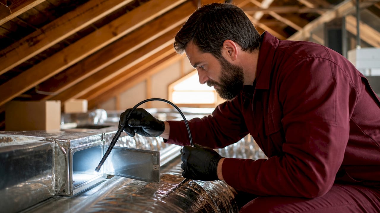 Technician inspecting duct interior with camera