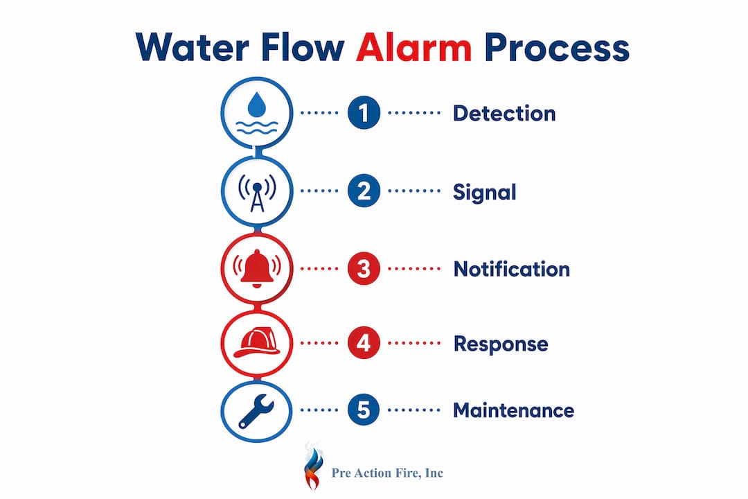 Infographic illustrating water flow alarm process steps
