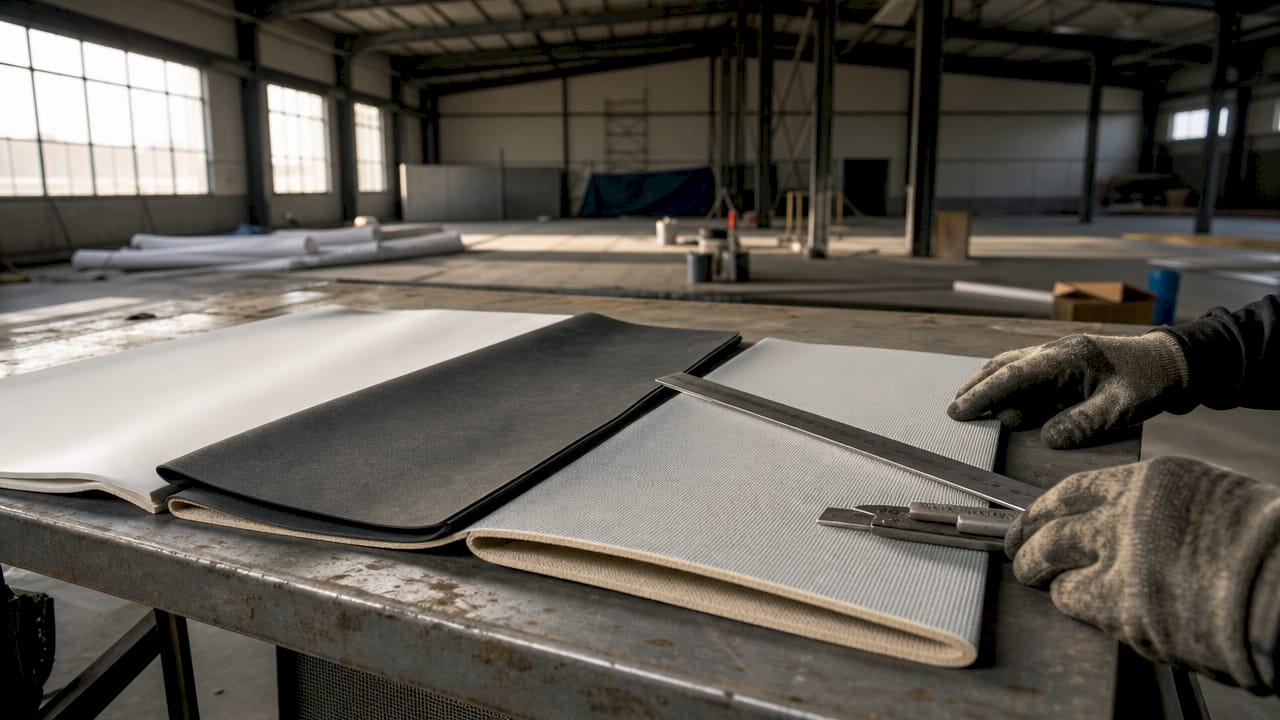 Samples of TPO, EPDM, and PVC membranes on table