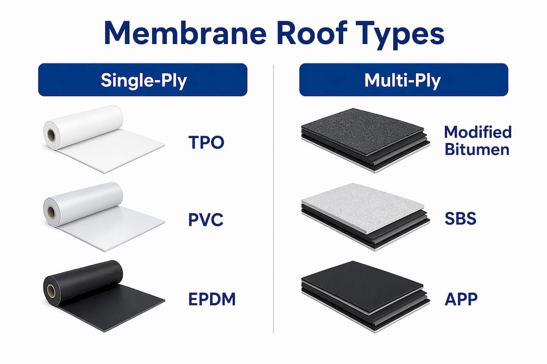 Infographic comparing single-ply and multi-ply membrane roof types