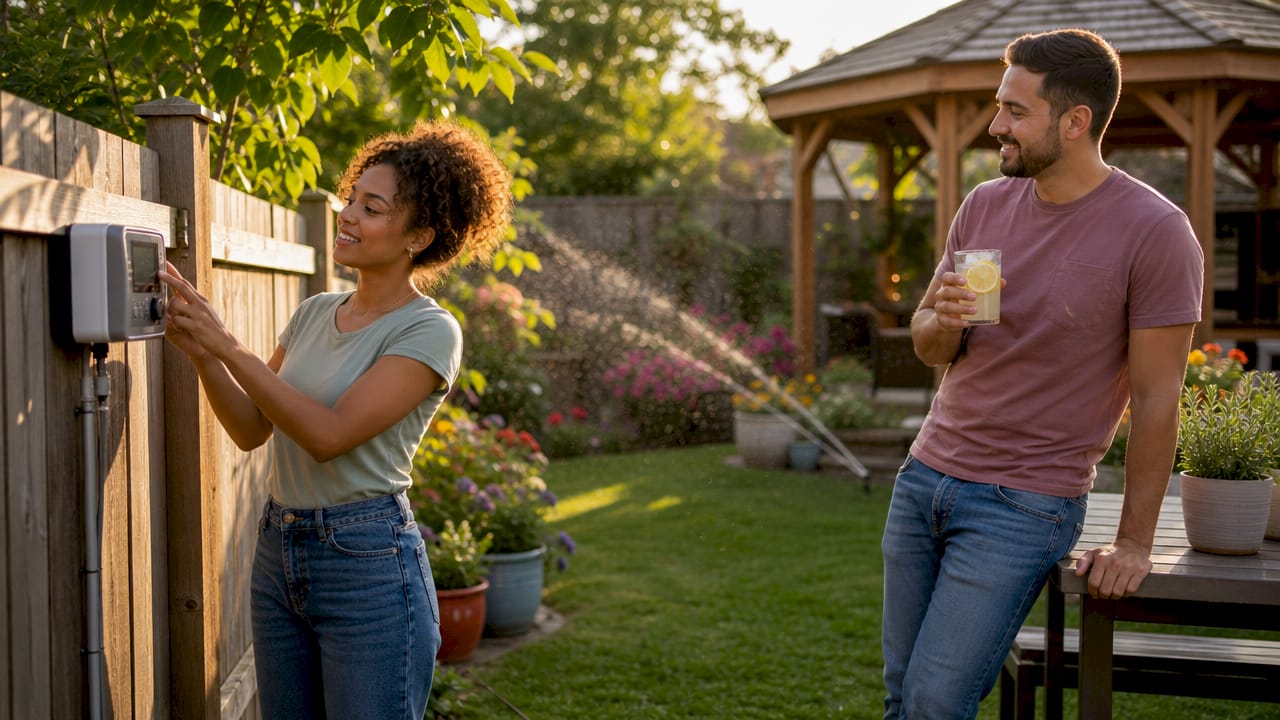 Couple using irrigation sprinkler system at home