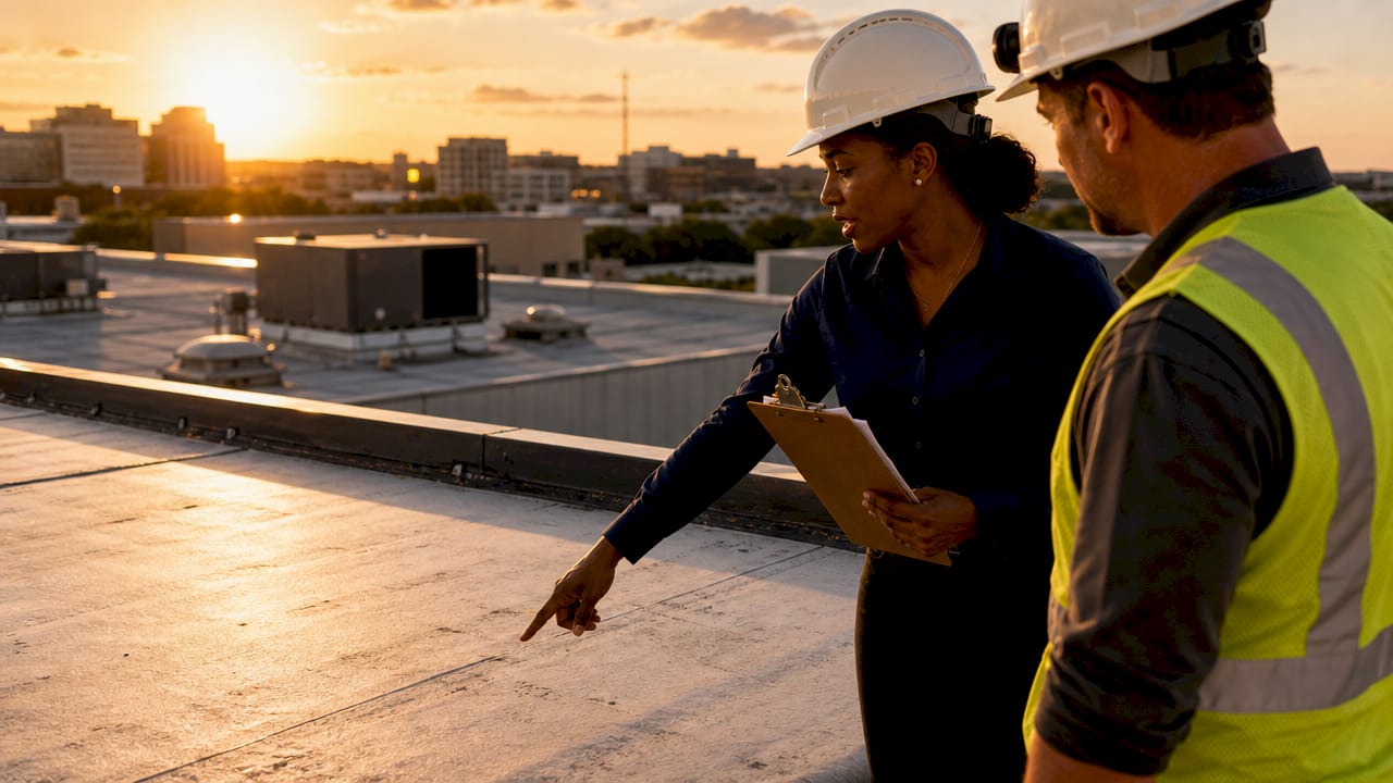 Property manager inspecting commercial flat roof