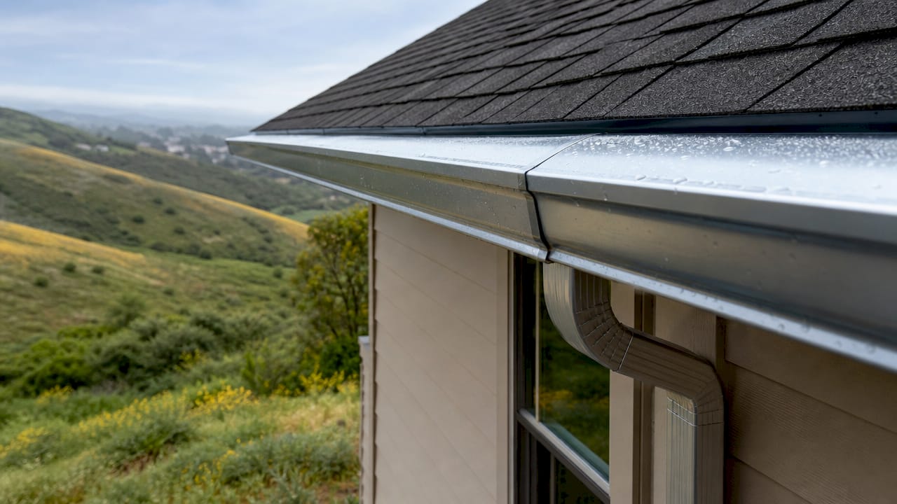 Close view of gutter mitre corner connector outdoors