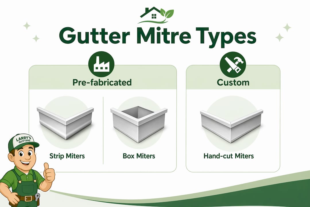 Infographic comparing gutter mitre types pre-fabricated and custom