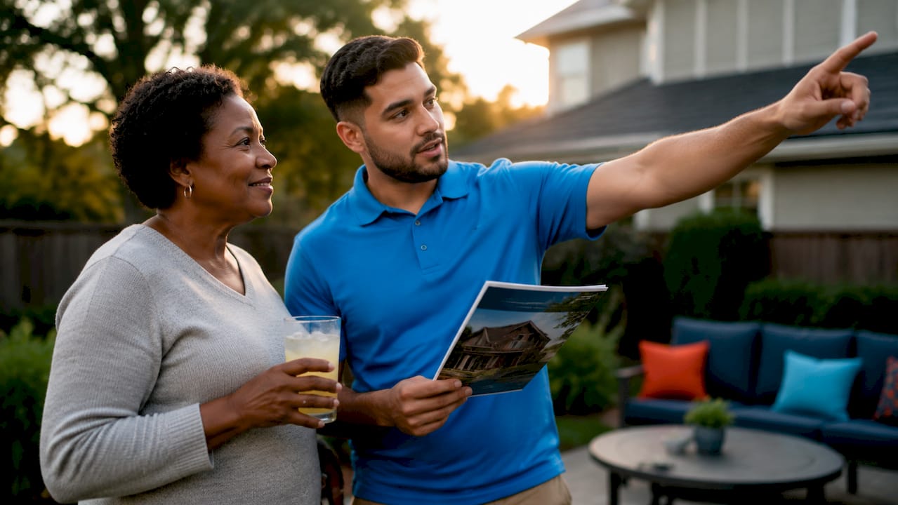 Homeowner and contractor discussing roofing referral program