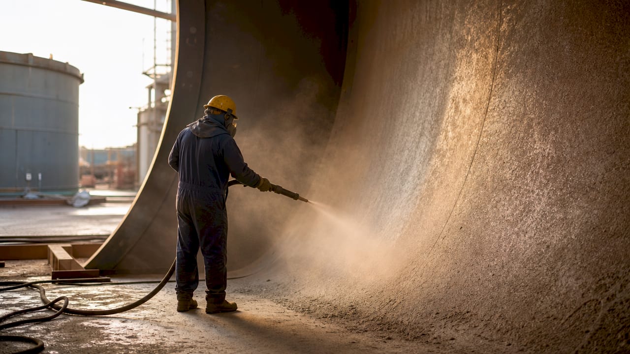 Worker blasting tank interior surface