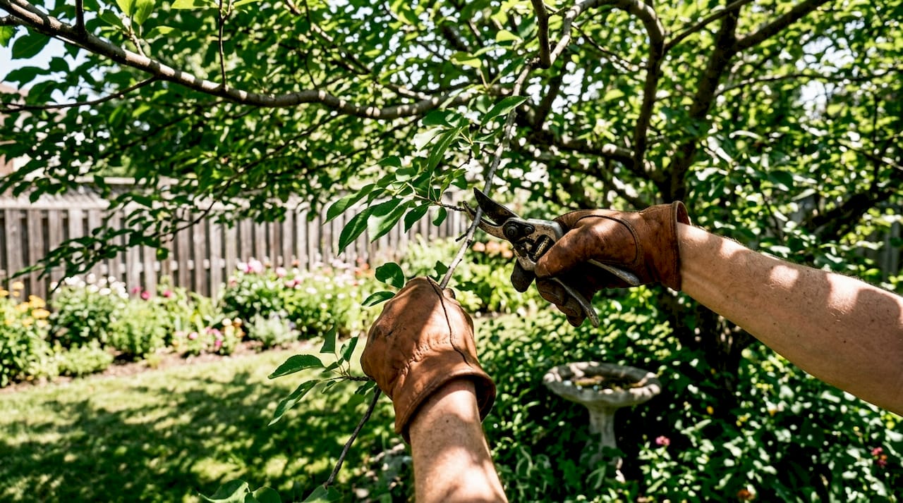 Hands pruning leafy summer tree branches