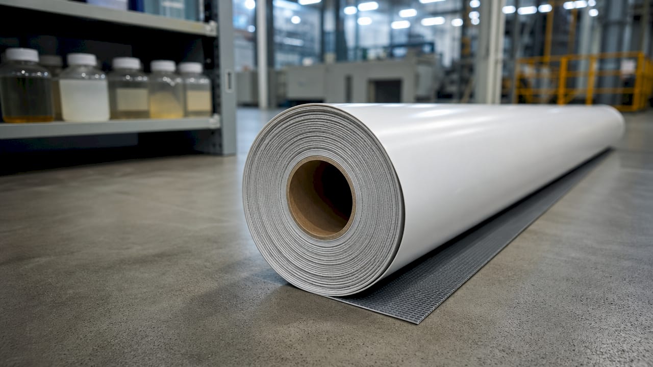 Close-up of layered PVC roofing membrane roll