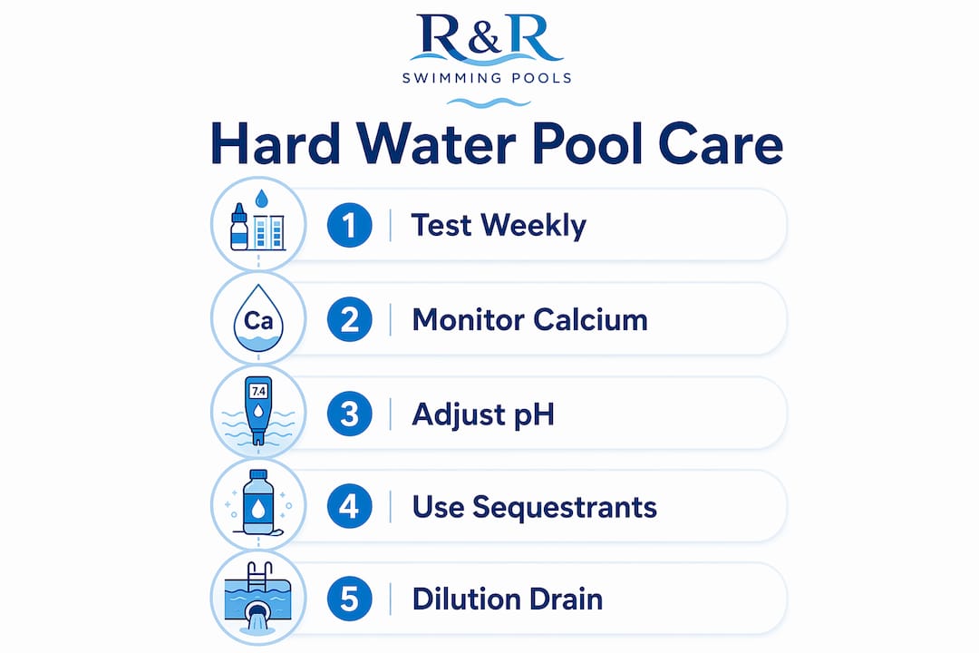 Central Florida Hard Water Pools: Fix Scaling Fast 2 Infographic outlining steps for managing hard water in pools