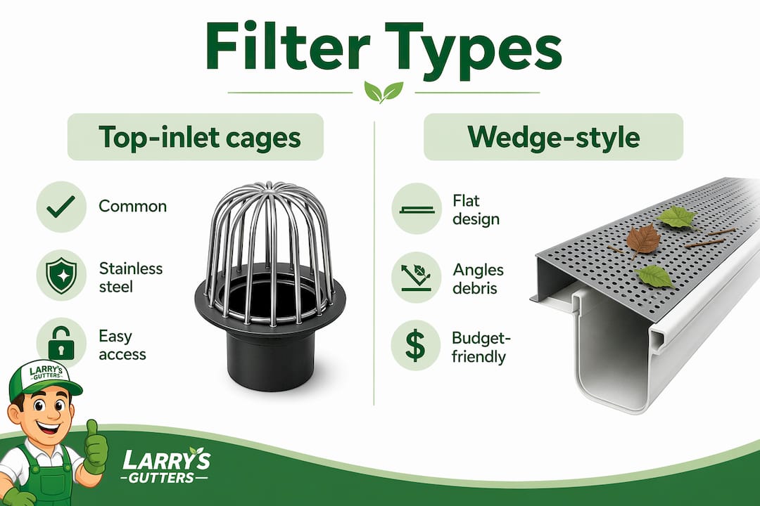Infographic comparing gutter downspout filter types