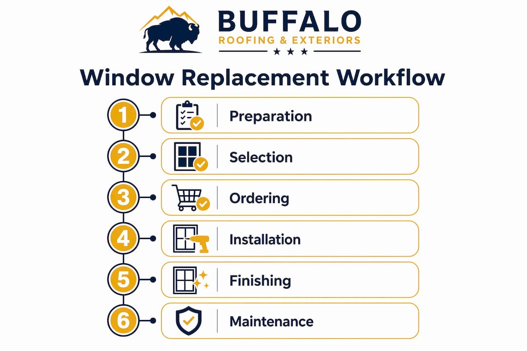 Infographic outlining six window replacement workflow steps