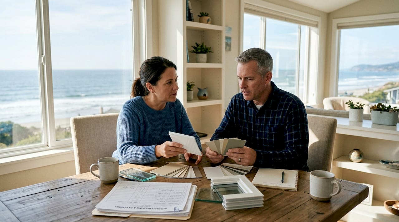 Couple selecting coastal window materials indoors