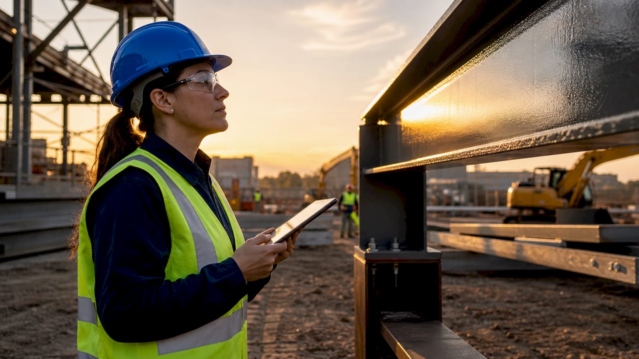 Engineer inspecting steel beam for compliance