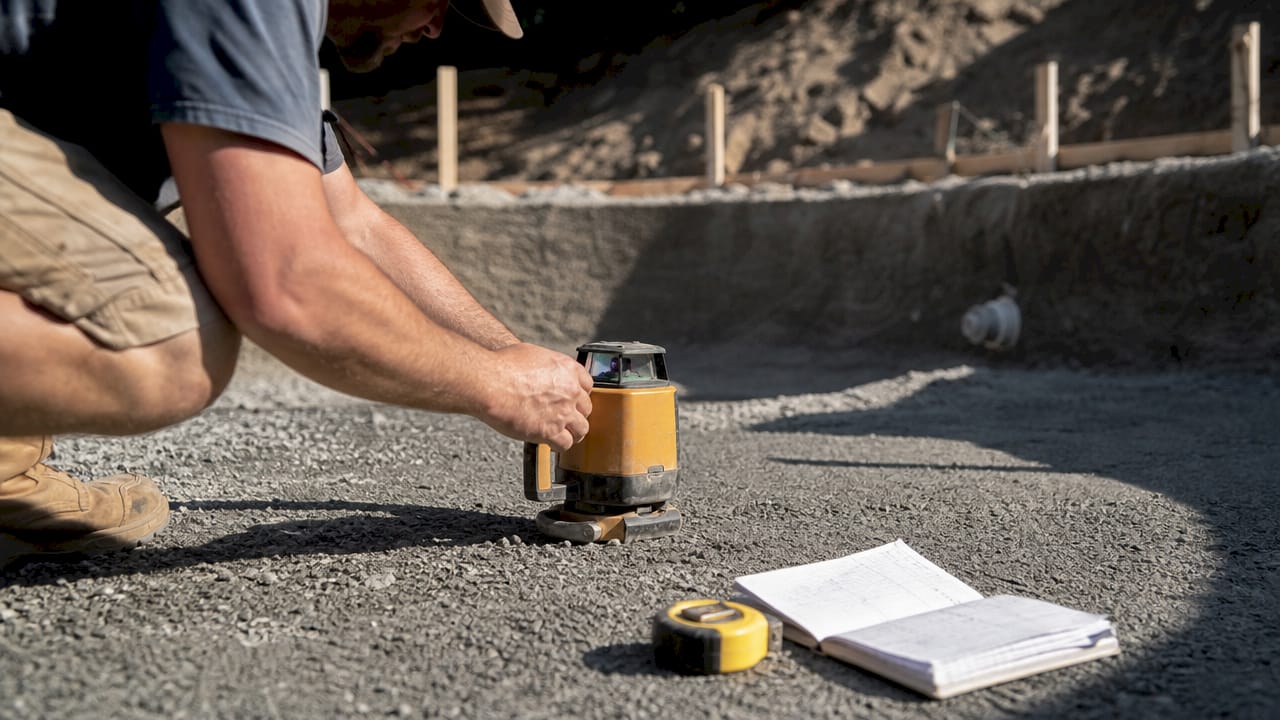 Construction worker adjusting pool base laser level
