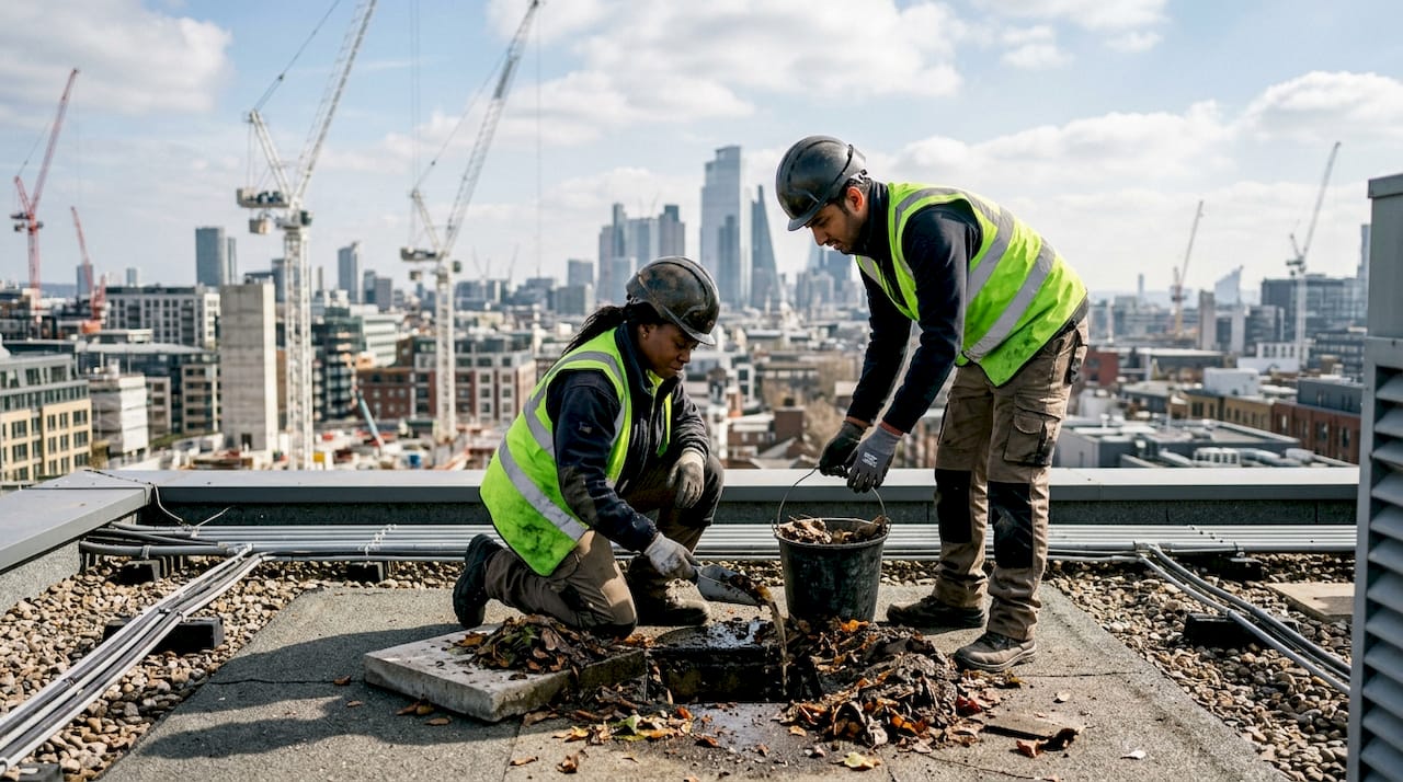Maintenance workers clearing commercial roof drains