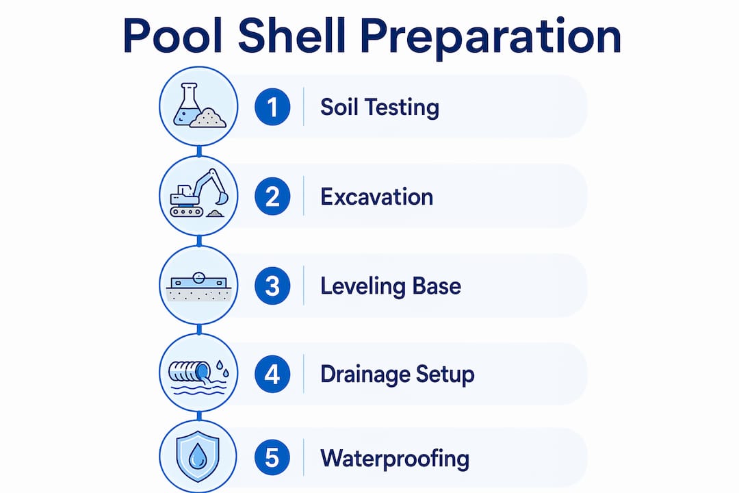 Infographic showing key pool shell preparation steps