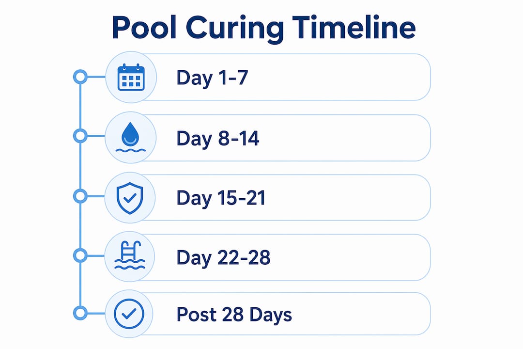 Infographic illustrating pool curing timeline and phases