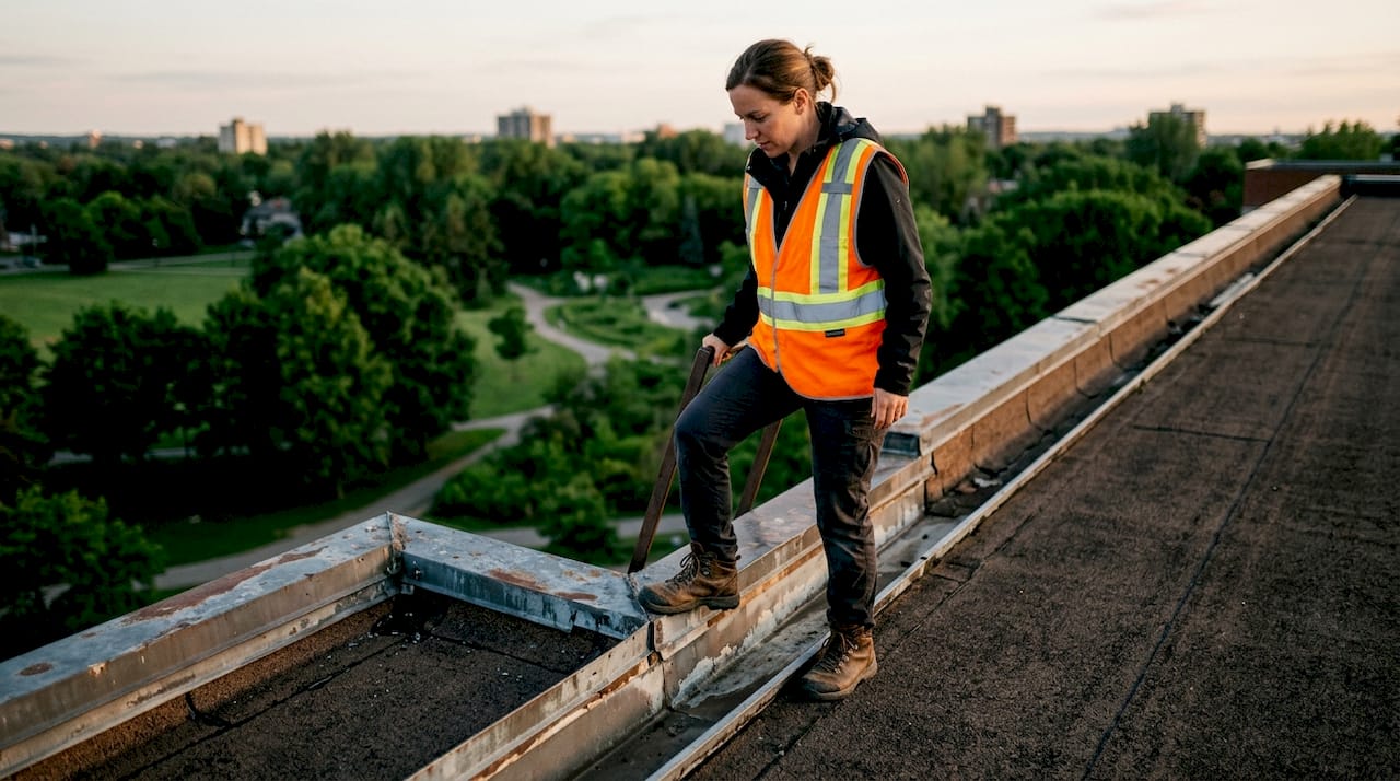 Safety inspector walking roof perimeter
