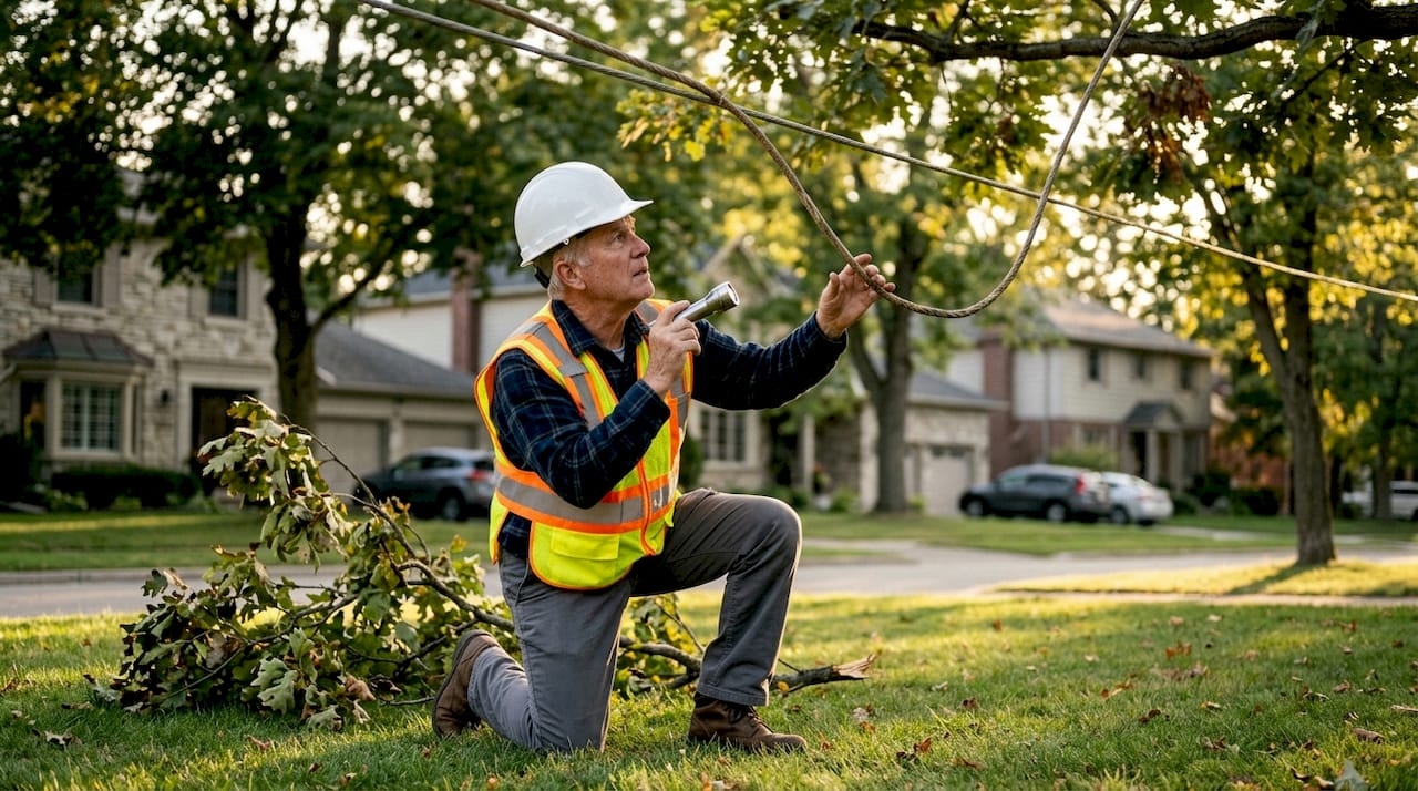 Homeowner assessing storm safety hazards outdoors
