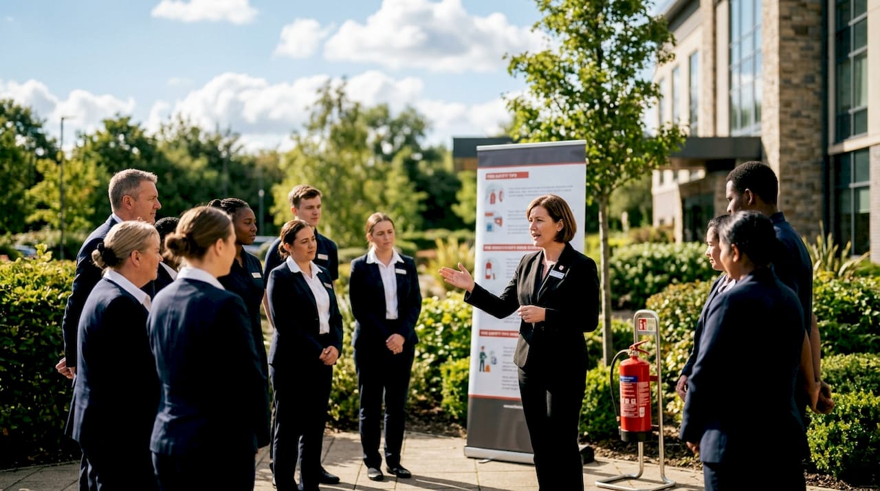 Hotel staff attending fire safety training session