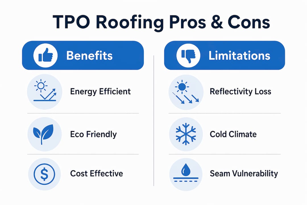 Infographic comparing benefits and limitations of TPO roofing
