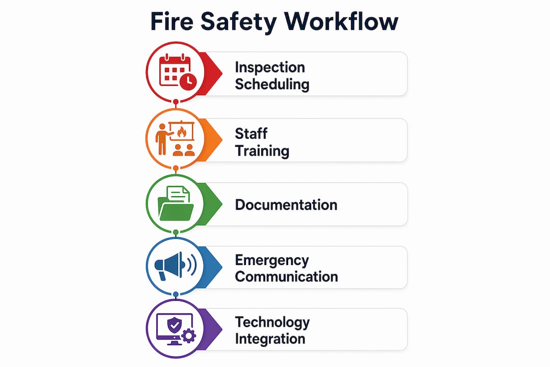 Infographic illustrating hospitality fire safety workflow steps