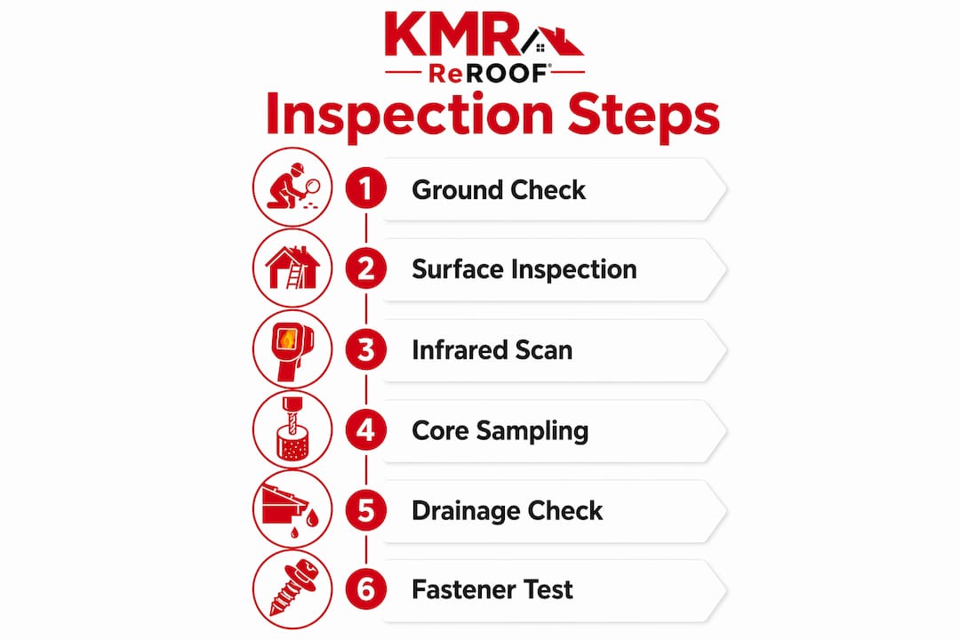 Infographic illustrating commercial roof inspection steps top to bottom