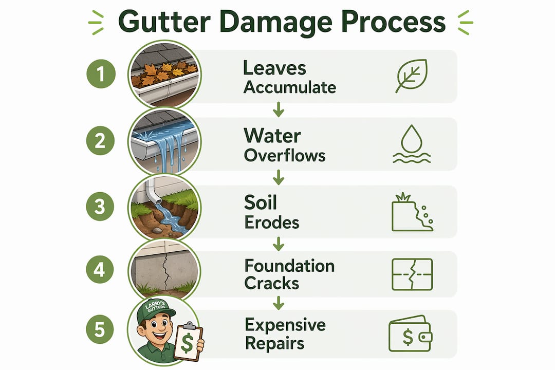 Infographic showing stages of damage from clogged gutters