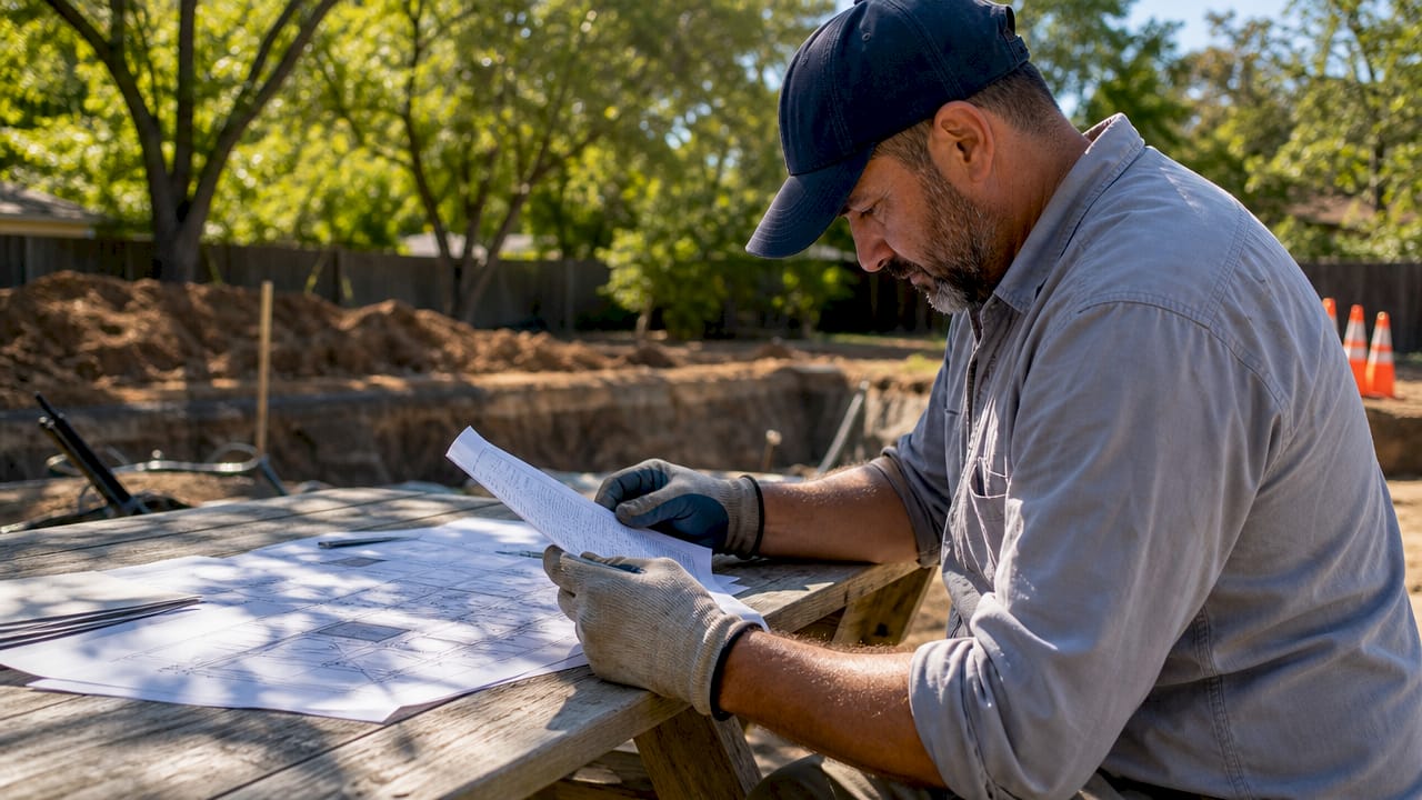 Pool Building Timeline in Florida: 2026 Homeowner Guide 2 Contractor reviewing pool build phases
