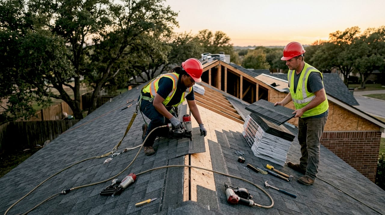 Roofers installing new shingles on Texas home