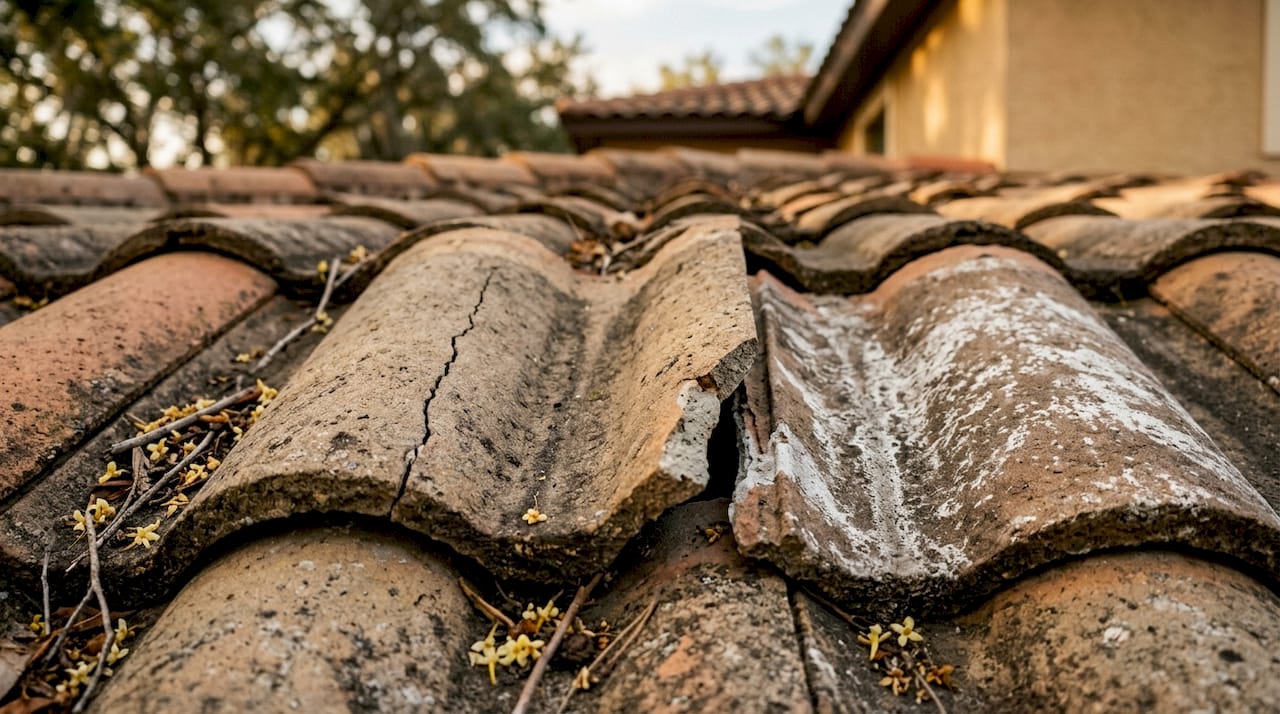 Close-up damaged concrete roof tiles showing cracks and erosion