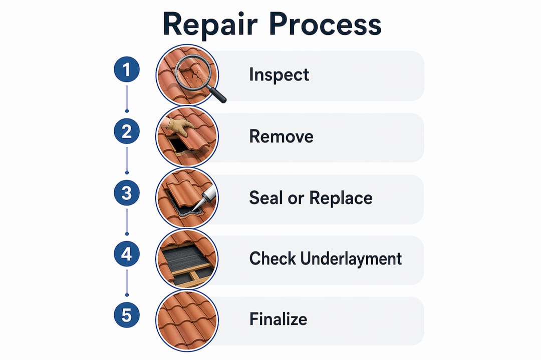 Infographic showing step-by-step concrete roof tile repair process