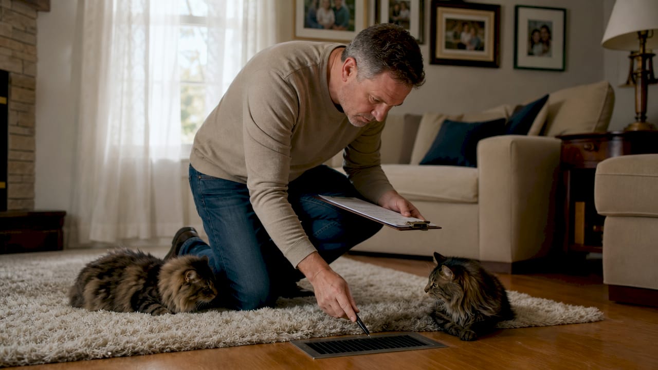 Homeowner inspecting airflow at living room vent