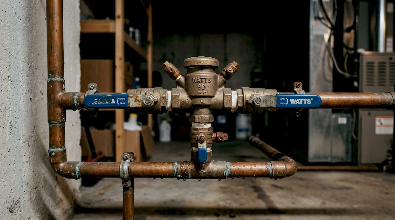 Close-up of installed backflow preventer device