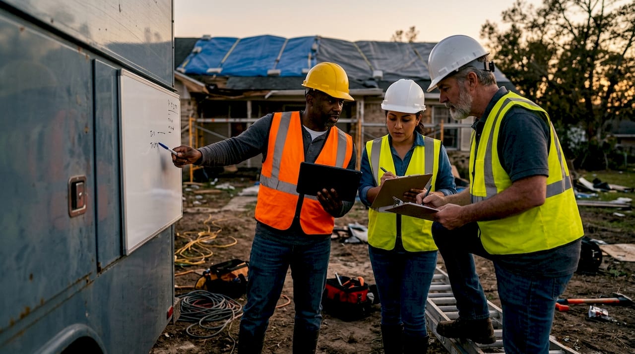 Emergency repair team briefing outdoors