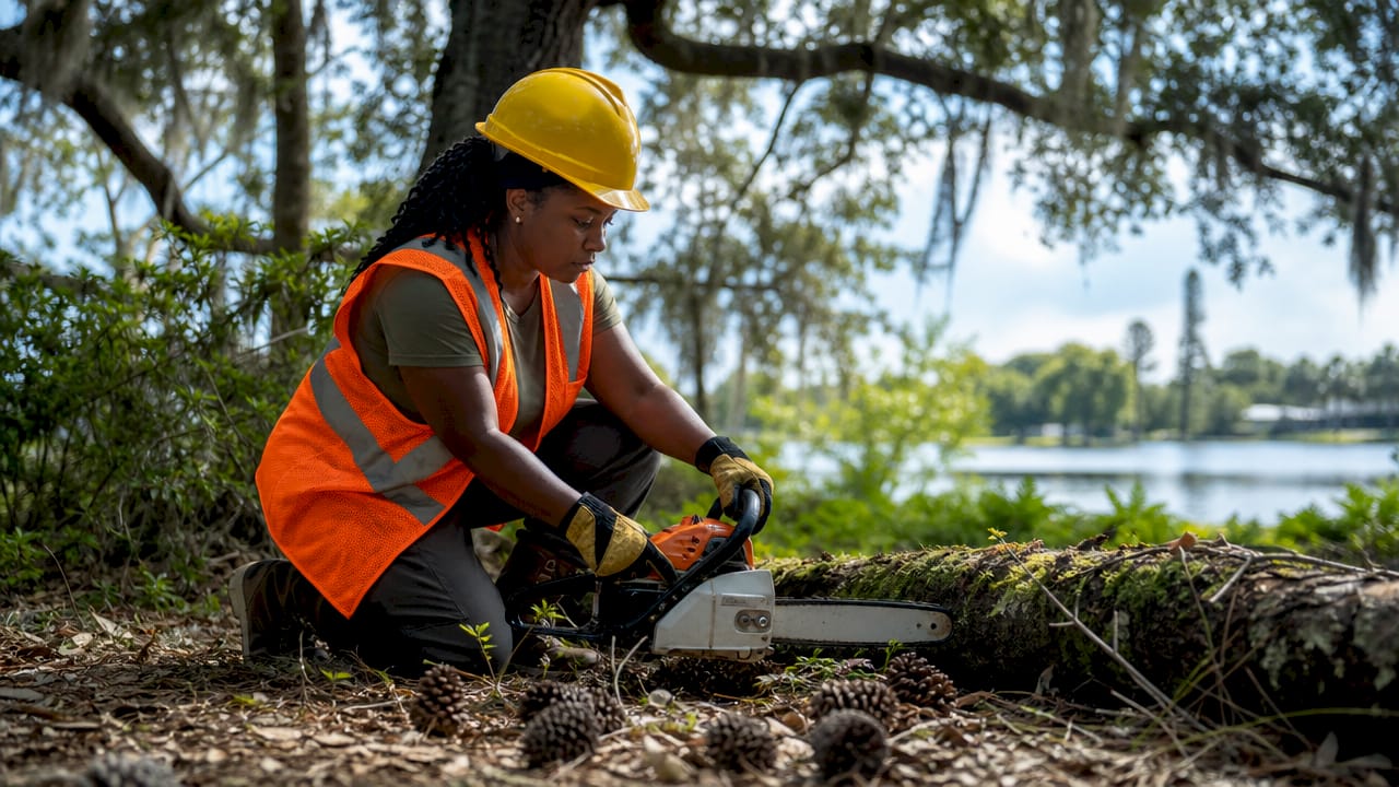 Woman wearing PPE preparing chainsaw outdoors