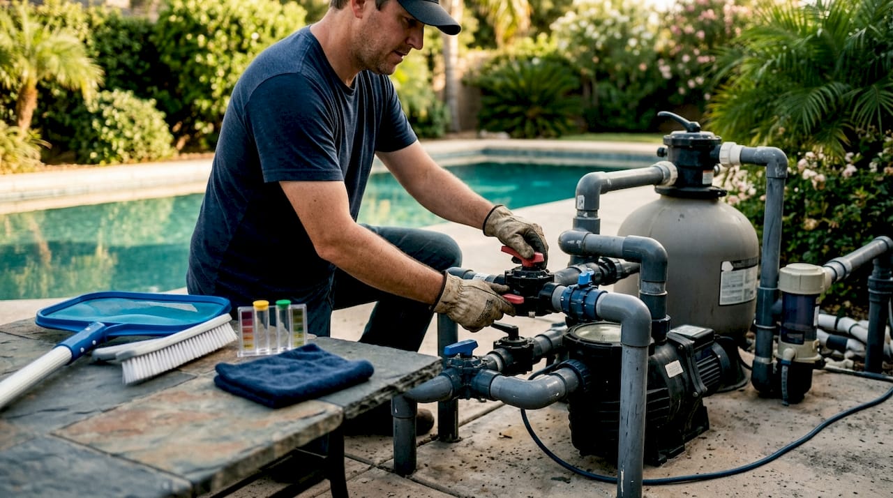 Pool pump and maintenance tools prepared for draining