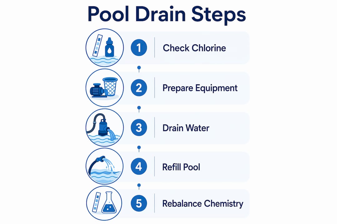 Infographic showing pool drain and refill process steps