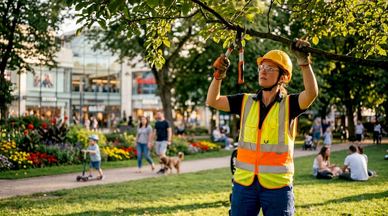 Female arborist pruning trees in retail area