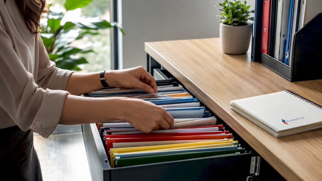 Hands organizing fire inspection folders