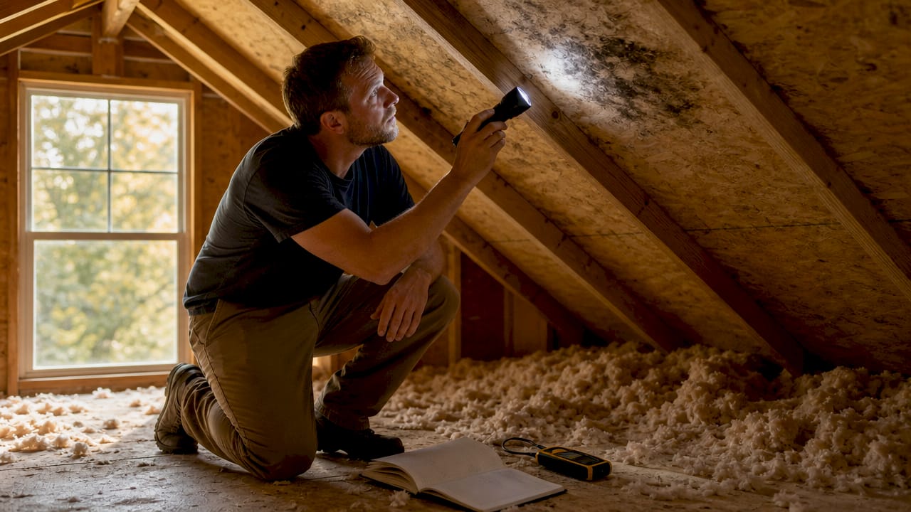 Homeowner inspecting hidden roof damage in attic