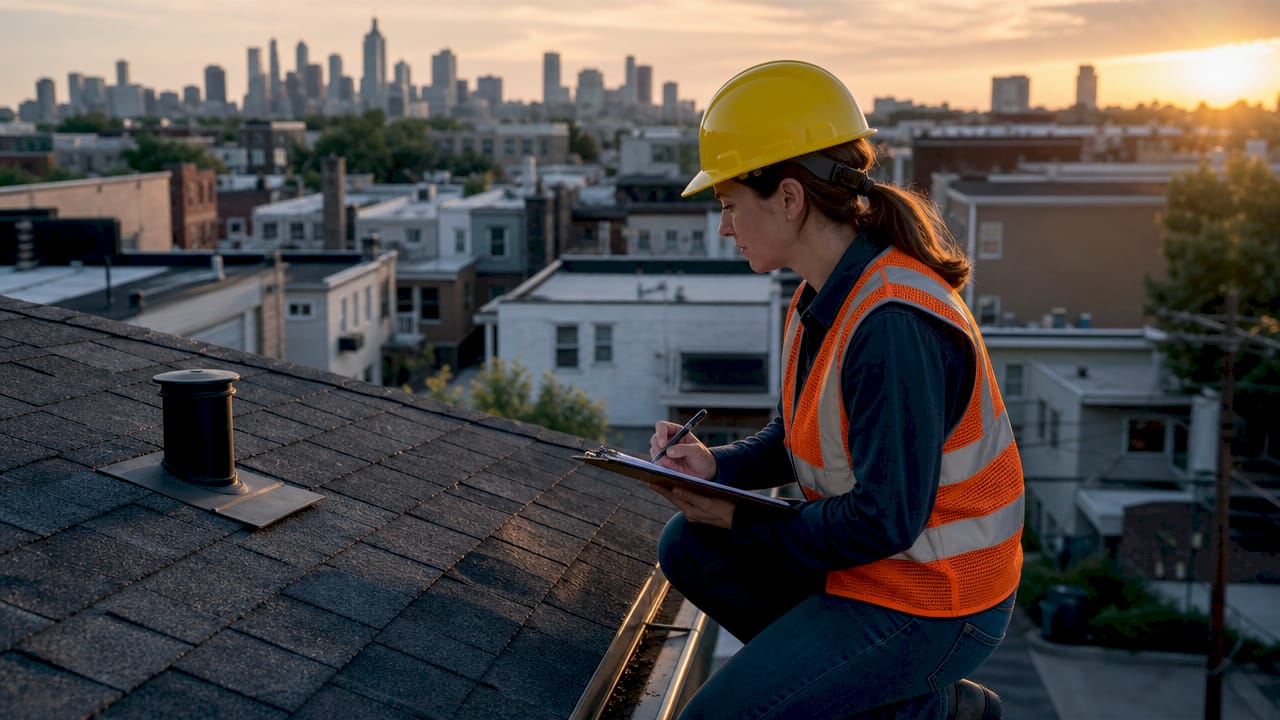 Building inspector checking residential roof shingles