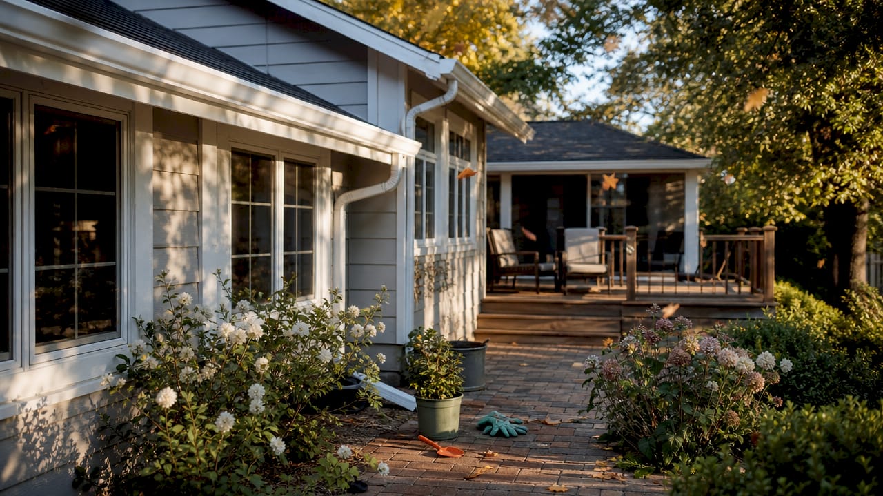 Clean gutters with seasonal fallen leaves in yard