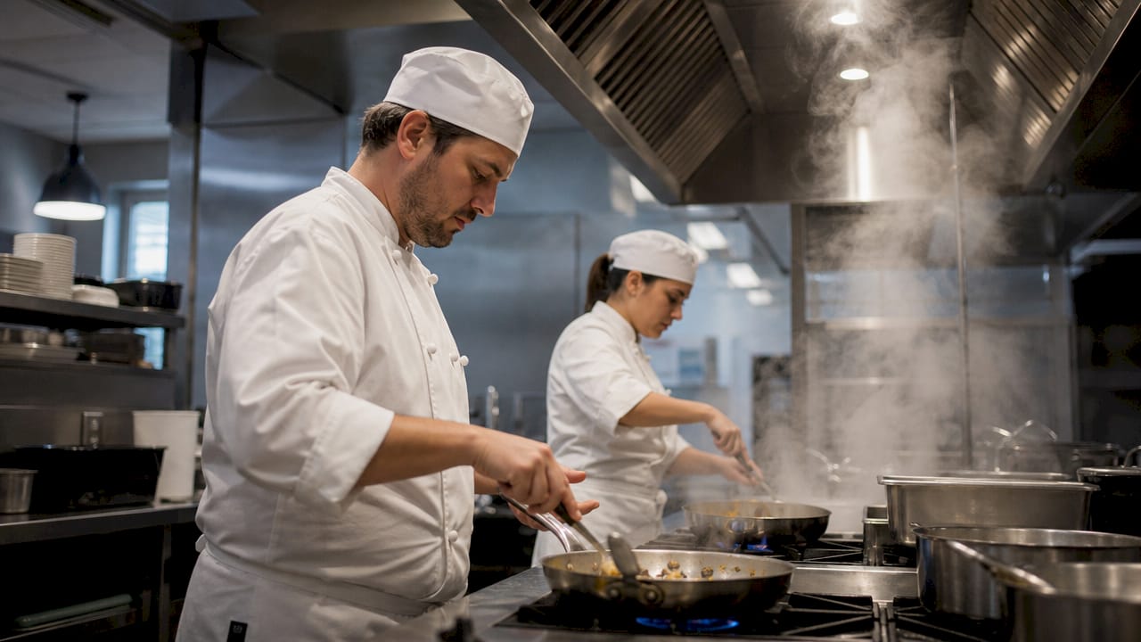 Operational commercial kitchen with ventilation hoods