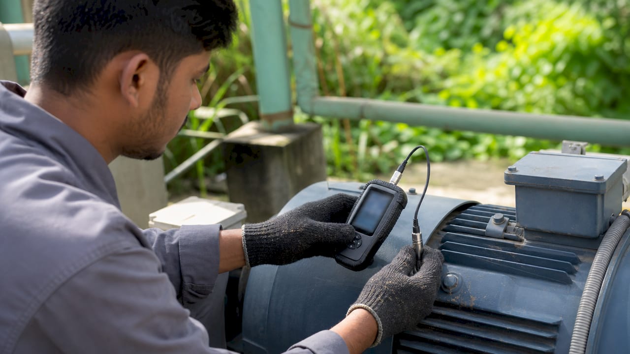 Technician measuring motor vibration with sensor