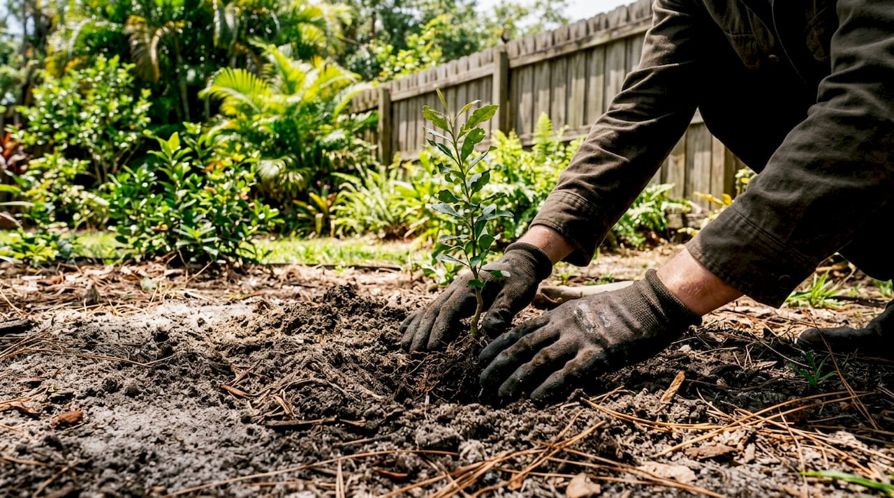 Hands planting tree sapling in sandy soil