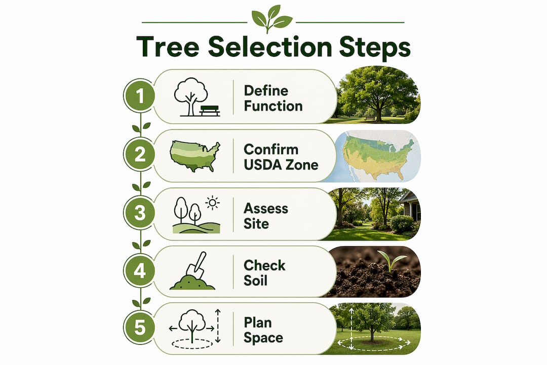 Infographic showing tree selection steps in Central Florida