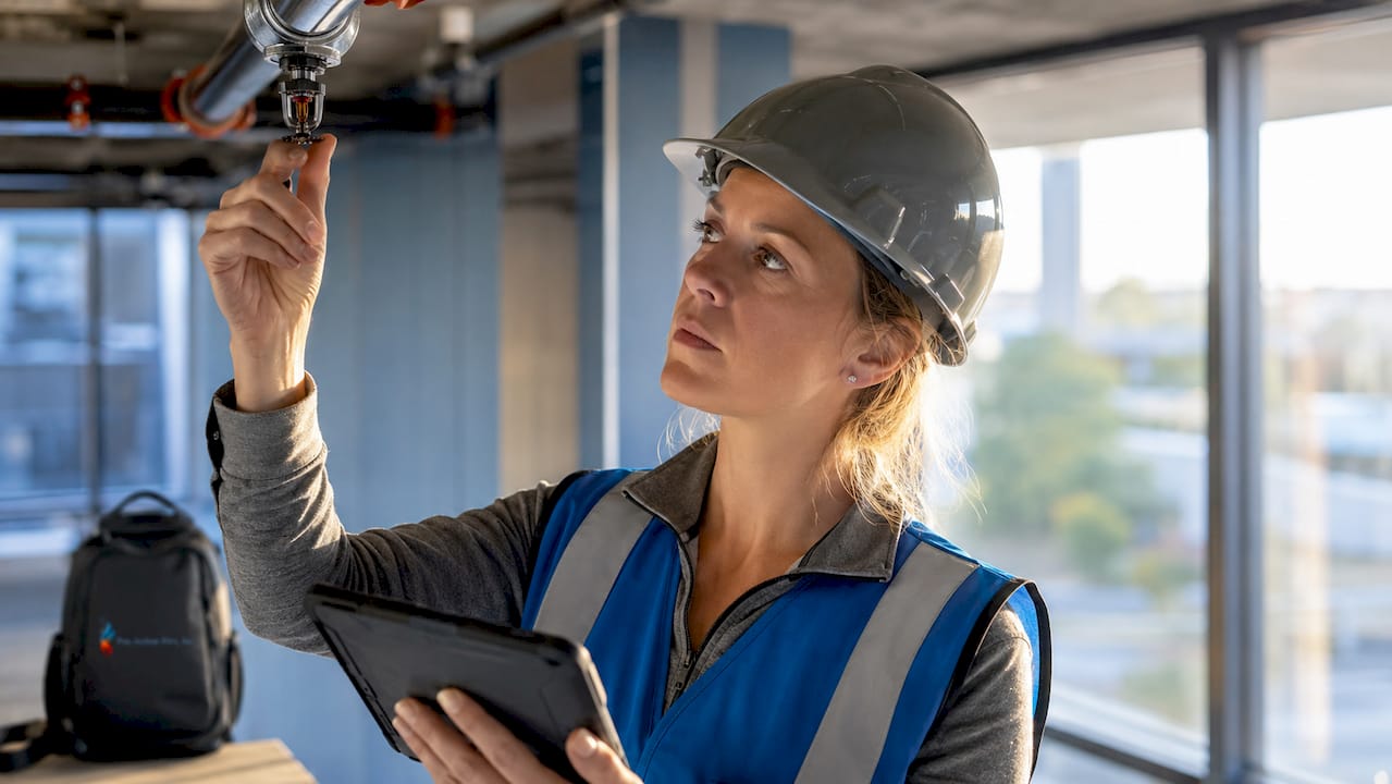 Technician inspecting fire sprinkler system installation
