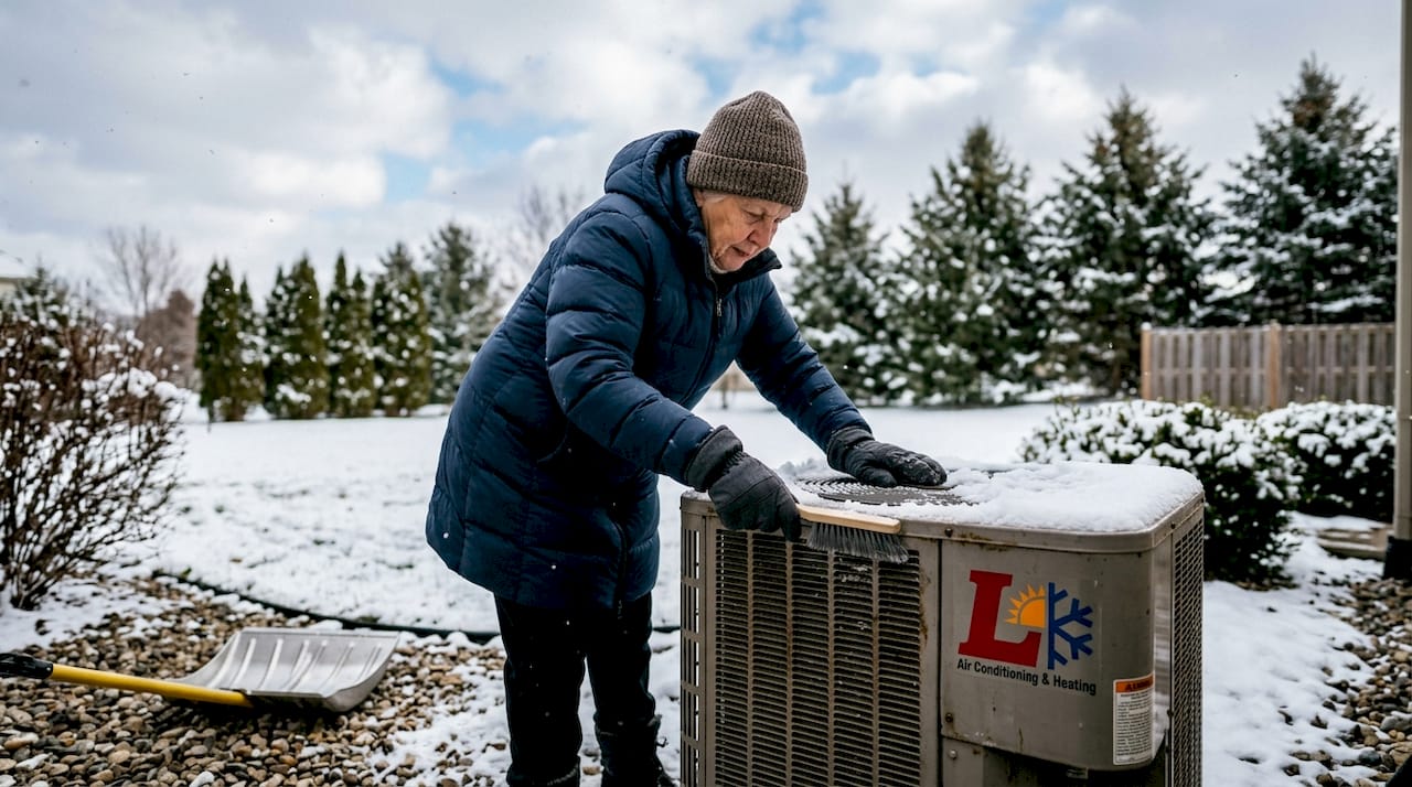Woman clearing leaves from outdoor HVAC unit