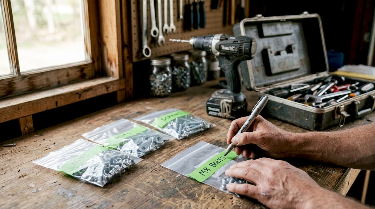 Hands labeling hardware bags for reinstallation